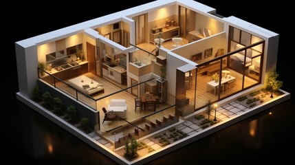 A 3D model of a small house placed on an architectural floor plan.