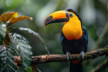 Naklejka premium A colorful toucan under rainfall in the lush greenery of the tropical rainforest