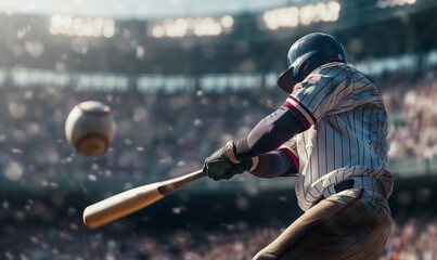 A close-up action shot of a worn baseball mid-flight with dirt particles scattering against a blurred backdrop of a focused batter ready to swing.