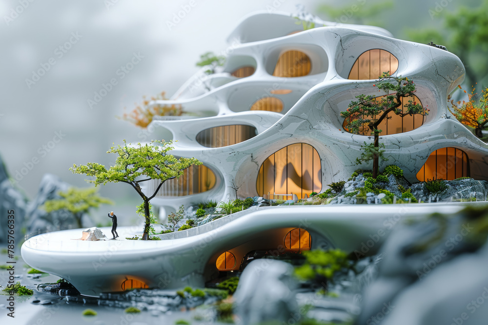 Poster an architect designing innovative structures that harmonize with the environment, blending form and 