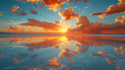 salt flat landscape at sunset, with a mirror reflection of water on the floor 