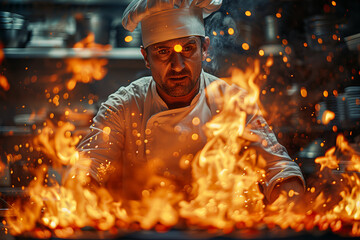 A chef infusing traditional recipes with modern twists, innovating in the kitchen with flair and creativity. Concept of culinary reinvention and gourmet excellence. Generative Ai.