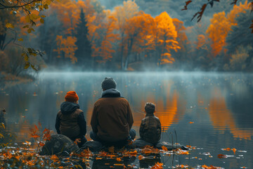 Grandparents teaching grandchildren how to fish at a serene lakeside spot, passing down traditions and creating lasting memories.  Generative Ai. - obrazy, fototapety, plakaty