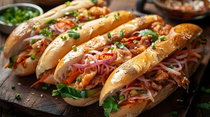Savory Banh Mi Symphony: A Fusion of Flavors. Concept Culinary Creations, Fusion Cuisine, Gourmet Dining - obrazy, fototapety, plakaty