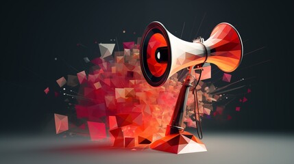 A low poly wireframe of digital marketing, featuring internet targeted advertisement mesh art. A 3D computer and megaphone connected with dots, representing a promotional campaign.