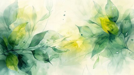 Watercolor botanical abstract with flowing green leaves and splashes of floral colors, bringing a garden's freshness.