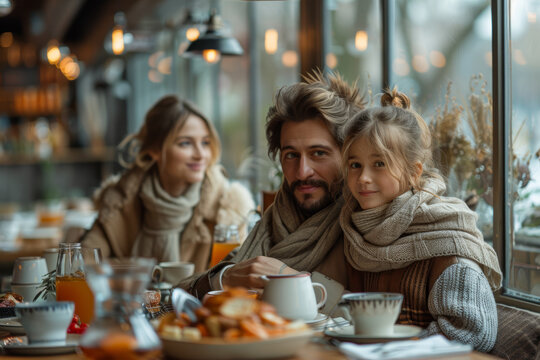 A family having a leisurely Sunday brunch at a trendy café, chatting and relishing delicious dishes over steaming cups of coffee. Concept of relax family time and gastronomic pleasure. Generative Ai.
