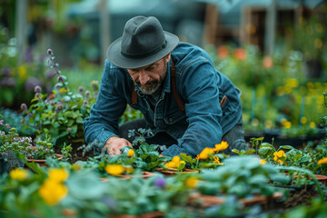 An individual practicing mindfulness through gardening, tending to plants and cultivating tranquility in their backyard oasis. Concept of therapeutic horticulture and green living. Generative Ai.