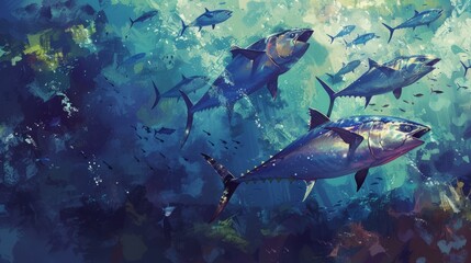 Fototapeta premium School of tuna fish navigating the deep ocean blues, amidst the painted light filtering through the surface, World Tuna Day, May 2