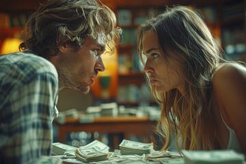 A couple arguing heatedly over money issues, blaming each other for their precarious financial situation. Concept of relationship strain and financial conflict. Generative Ai.