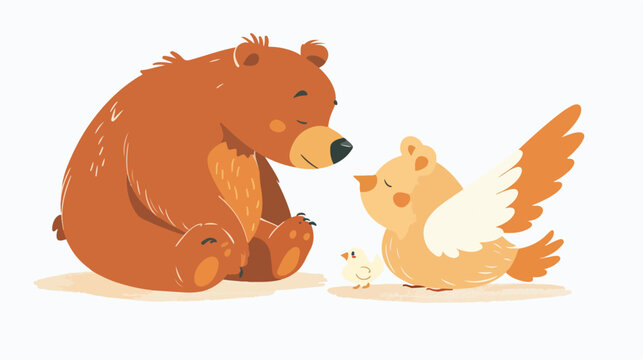 Bear and chick with wing flat vector isolated on white