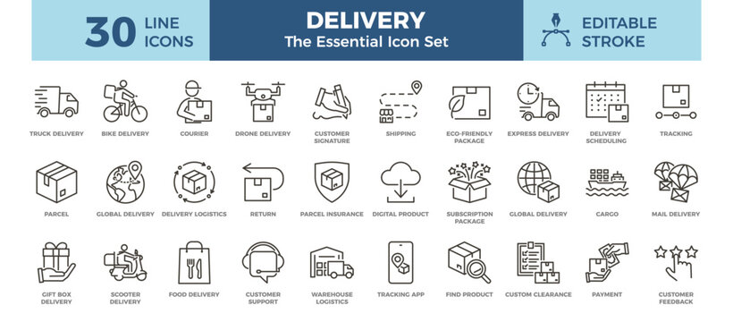 Delivery, shipping and logistics essential icon set. Vector thin line graphic elements