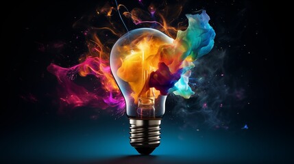 A creative light bulb exploding with colorful paint and splashes against a black background. Illustrating the concept of thinking differently and creative ideas. - obrazy, fototapety, plakaty
