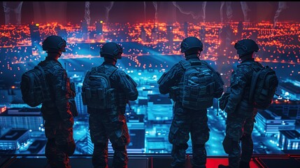Futuristic Warfare Strategy: Military Intelligence Experts Use Holographic Augmented Reality Table Map to Scan Enemy Terrain. Army Reconnaissance Use 3D Surveillance Tech, Data Analysis to Win War  - obrazy, fototapety, plakaty
