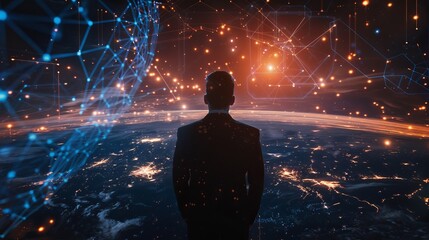 A businessman interfaces with a global network and data exchanges, representing the innovative potential of future generation technologies like the Metaverse and AI