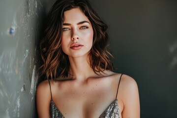 portrait of a beautiful women with medium length hair in a dress with a plunging neckline