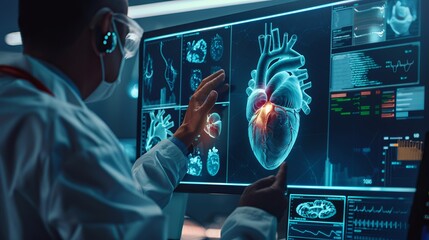 A cardiologist examines patient heart functions and blood vessels using a virtual interface, addressing cardiovascular diseases with advanced medical technology - obrazy, fototapety, plakaty