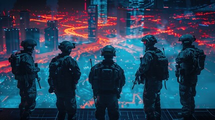 Futuristic Warfare Strategy: Military Intelligence Experts Use Holographic Augmented Reality Table Map to Scan Enemy Terrain. Army Reconnaissance Use 3D Surveillance Tech, Data Analysis to Win War 