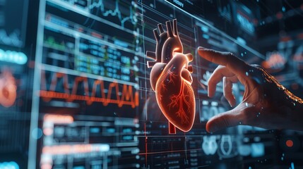 A cardiologist examines patient heart functions and blood vessels using a virtual interface, addressing cardiovascular diseases with advanced medical technology - obrazy, fototapety, plakaty