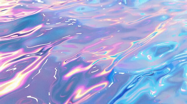 A ocean, smooth and shiny, with iridescent holographic colors dancing across its surface.