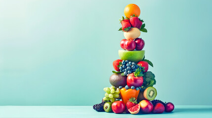 Fruit Tower with Vegetables and Nuts on Blue Backdrop