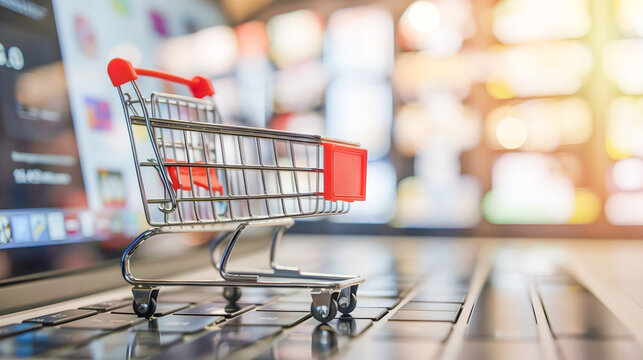 Online Shopping Cart on Laptop Screen in Bokeh Style