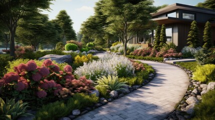 Fototapeta na wymiar Landscape design with flowers, beautiful residential