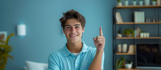 young hispanic man, salesman in a housewares store, pointing with his finger 