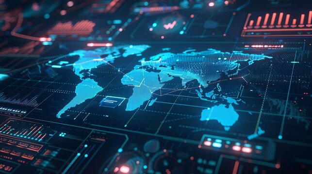 A HUD UI displays a futuristic user interface with 3D global world maps and business data charts, illustrating advanced technology solutions for business analytics