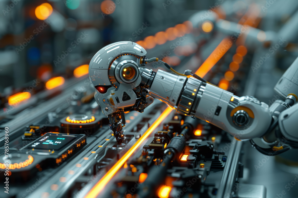 Poster a robotic arm controlled by ai algorithms, performing precise tasks in manufacturing or assembly lin