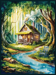 Depicting a cozy cabin nestled in a dense forest vector illustration by the soft glow of sunlight landscape