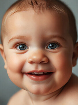 A baby with blue eyes is smiling and has a big, toothy grin