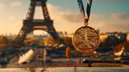 Olympic gold medal with the figure of the Eiffel Tower with the Eiffel Tower in the background. Paris Olympic Games concept - obrazy, fototapety, plakaty