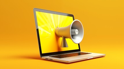 Laptop with megaphone on screen, representing marketing concept, against a yellow background.