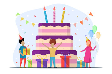 happy birthday party children with cake vector illustration