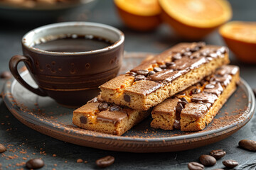 A bittersweet almond and orange biscotti dipped in dark chocolate, perfect for pairing with a cup of espresso. Concept of Italian-inspired treats and coffee accompaniments. Generative Ai. - obrazy, fototapety, plakaty