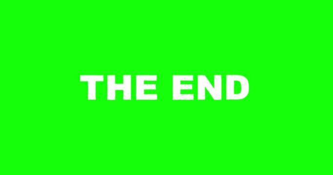 THE END letters big forming cartoon animation white on green together. Good for finish for business outro. Crazy doodle motion design style.