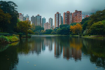 A body of water surrounded by tall buildings and trees in the background with a few clouds in the