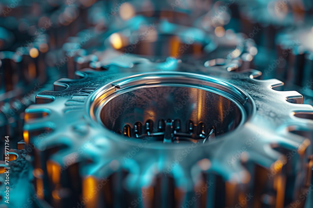 Poster an abstract depiction of gears turning in unison, symbolizing teamwork and synchronization. concept 