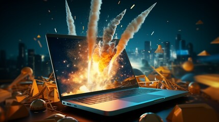 A rocket emerging from a laptop screen, symbolizing innovation and creativity, against a dynamic background.