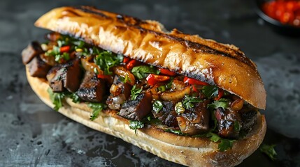 Savory Grilled Beef & Pork Belly Banh Mi Delight. Concept Vietnamese Cuisine, Grilled Meats, Street Food, Sandwiches, Food Photography - obrazy, fototapety, plakaty