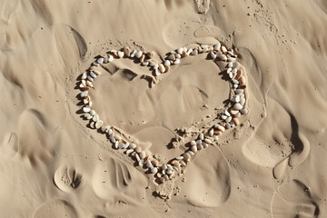 Pebbles laid out in the shape of a heart on the beach sand