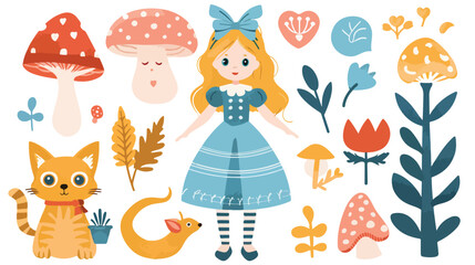 Alice in wonderland theme elements flat vector isolated