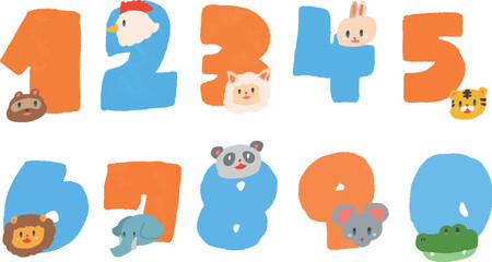 ポップなデフォルメ風動物の数字4　アイコンイラストセット	