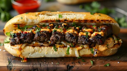 Savory Grilled Beef & Pork Belly Banh Mi Delight. Concept Vietnamese Street Food, Grilled Meats, Fresh Baguette, Delicious Flavors - obrazy, fototapety, plakaty
