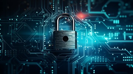 Fototapeta premium Wide banner design illustrating the concept of secure connection or cybersecurity service, featuring a close-up of a computer motherboard with a safety lock, login, and connecting verified credentials