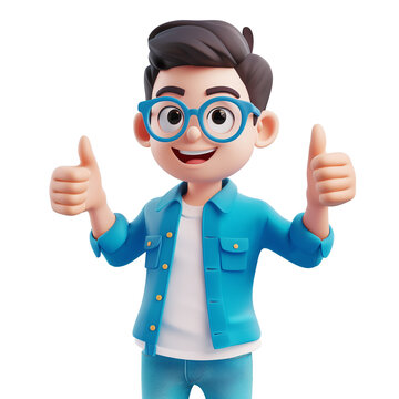 Office guy with glasses showing thumbs up, student, cartoon style, 3d render isolated transparent