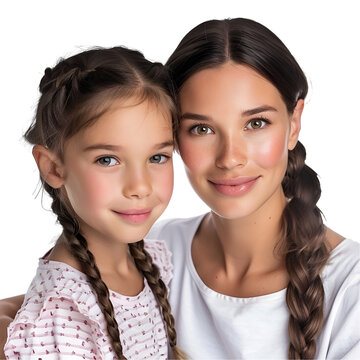 Mother’s Day Commemoration: Beautiful and Cute Half Body Portrait of Mother and Daughter, Isolated on Transparent Background, PNG
