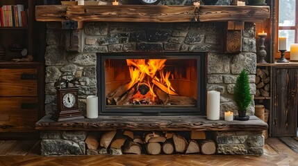 Rustic Fireplace Warmth with Vintage Touch. Concept Cozy Ambiance, Vintage Decor, Rustic Fireplace, Warm Atmosphere, Comforting Aesthetics
