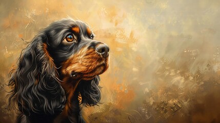 Thoughtful cocker spaniel, oil painting style, serene backdrop, soft glow, muted tones. 